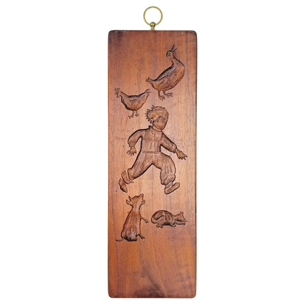 VTG Springerle Double Sided Wood Cookie Mold Press Panel Hangs Fruit Boy Animal